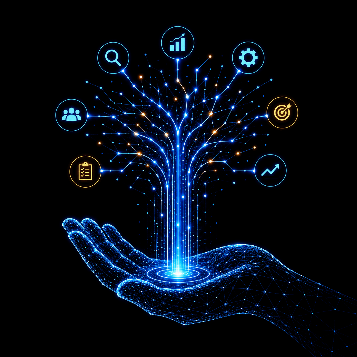 AI мрежа, израстваща от дигитална ръка